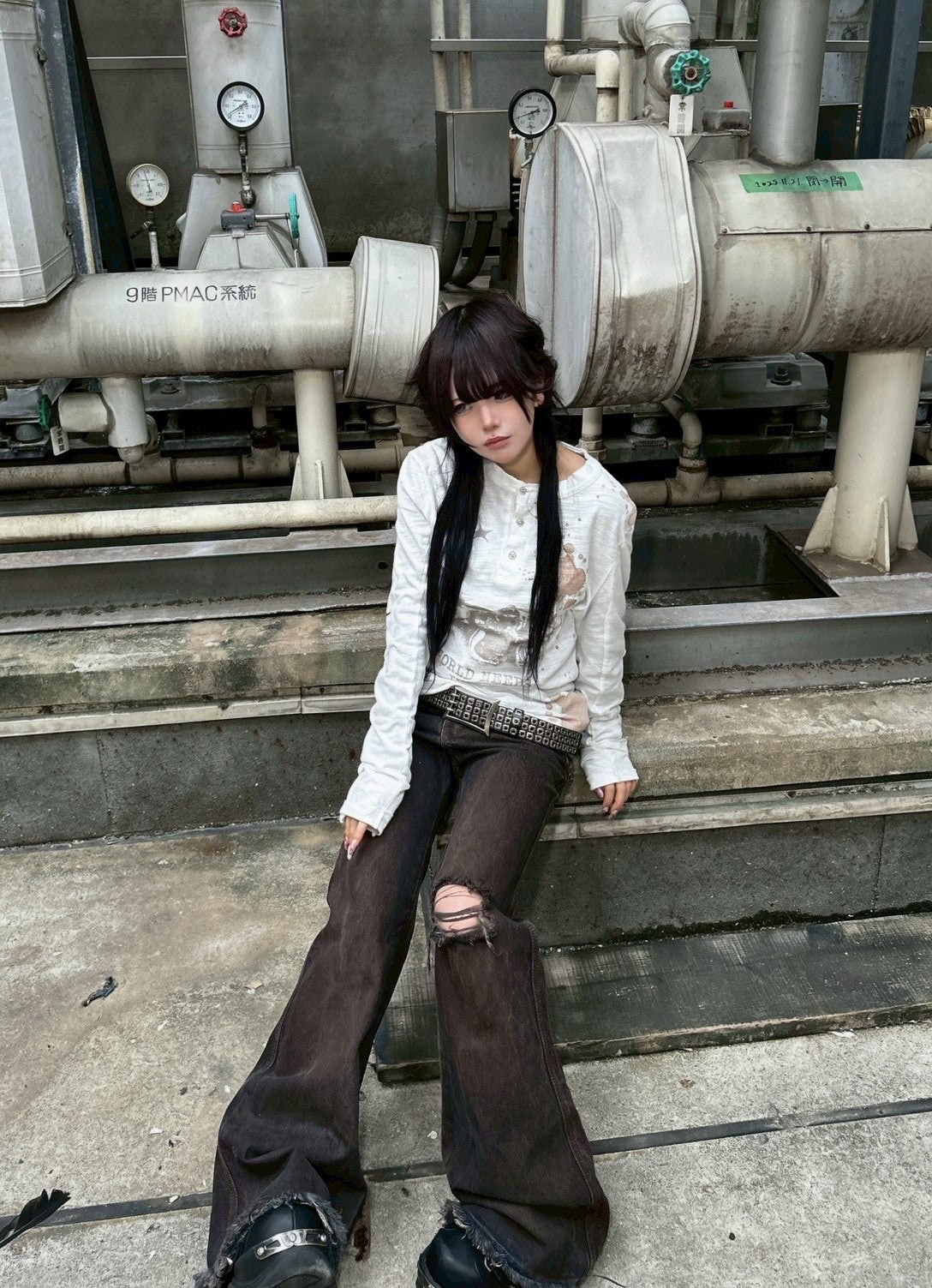 国際配送【Never mind the XU】paint graphic henley long sleeve