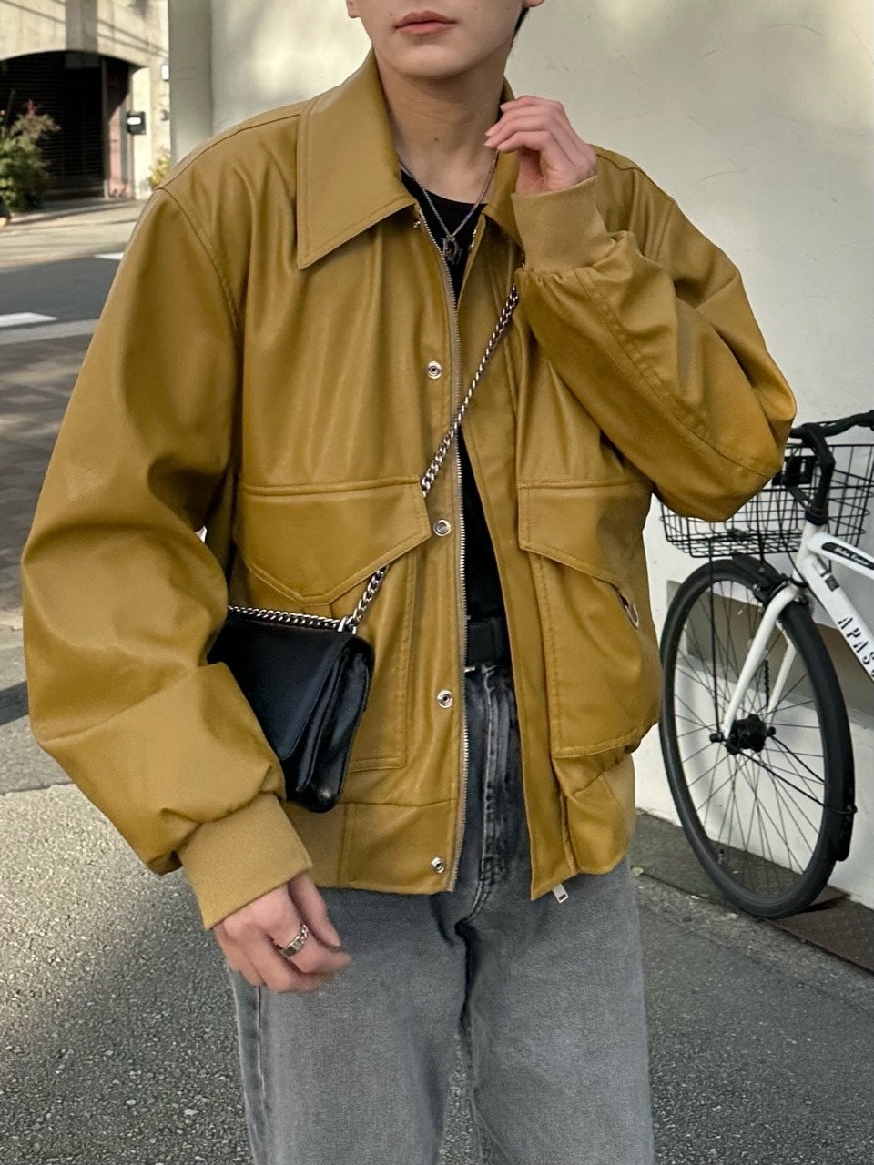 大阪店WEB限定【Chikashitsu +】double pocket leather jumper (3color)