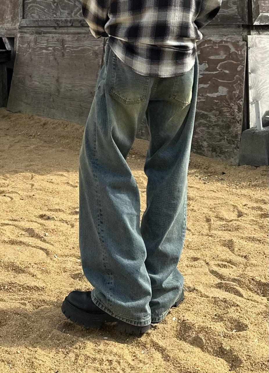 大阪店WEB限定受注制【Chikashitsu +】vintage color wash wide denim pants (3color)