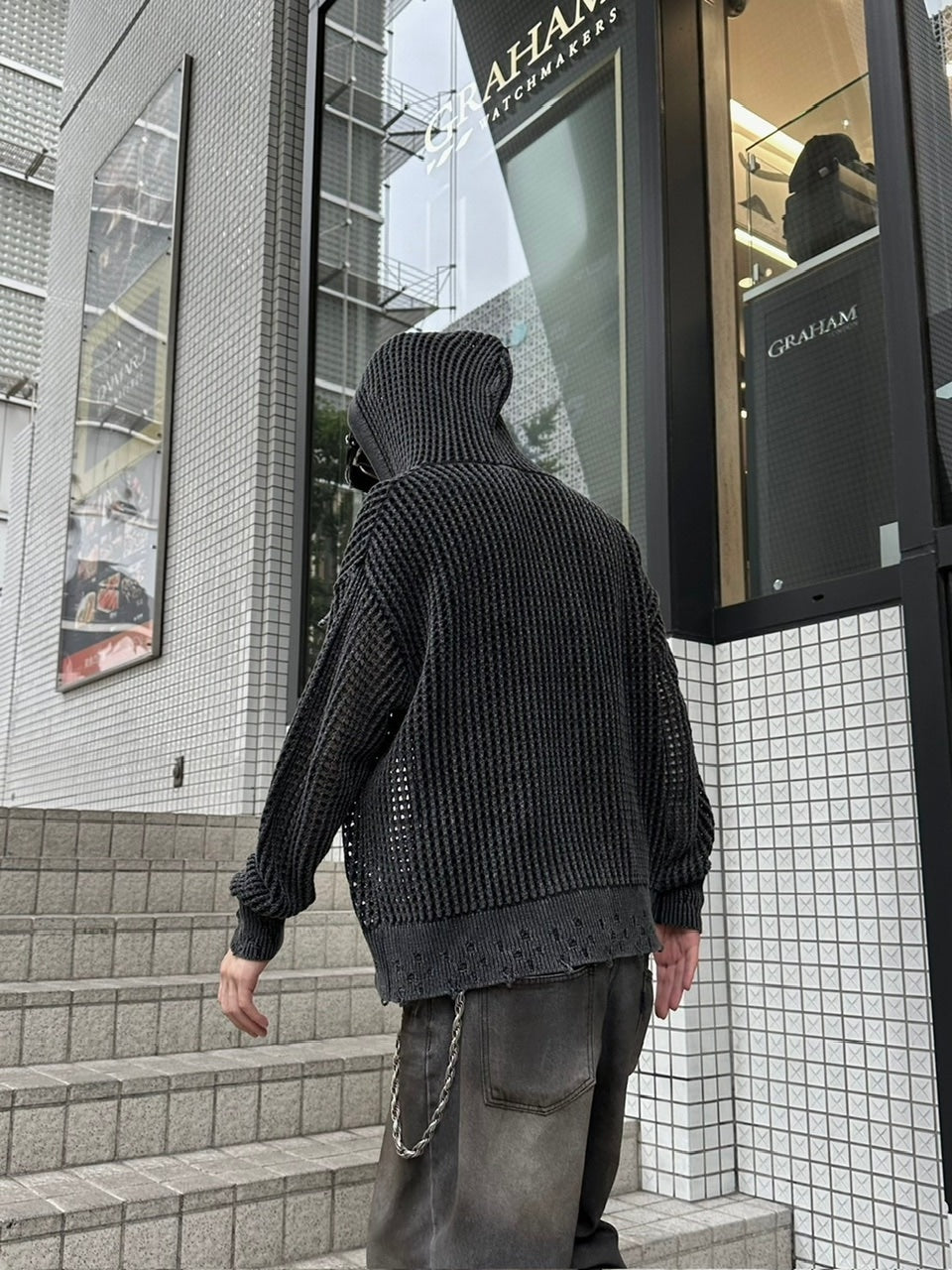 大阪店WEB限定受注制【Chikashitsu +】mesh zip damage hoodie (2color) / 【チカシツプラス】メッシュダメージジップアップ長袖パーカー