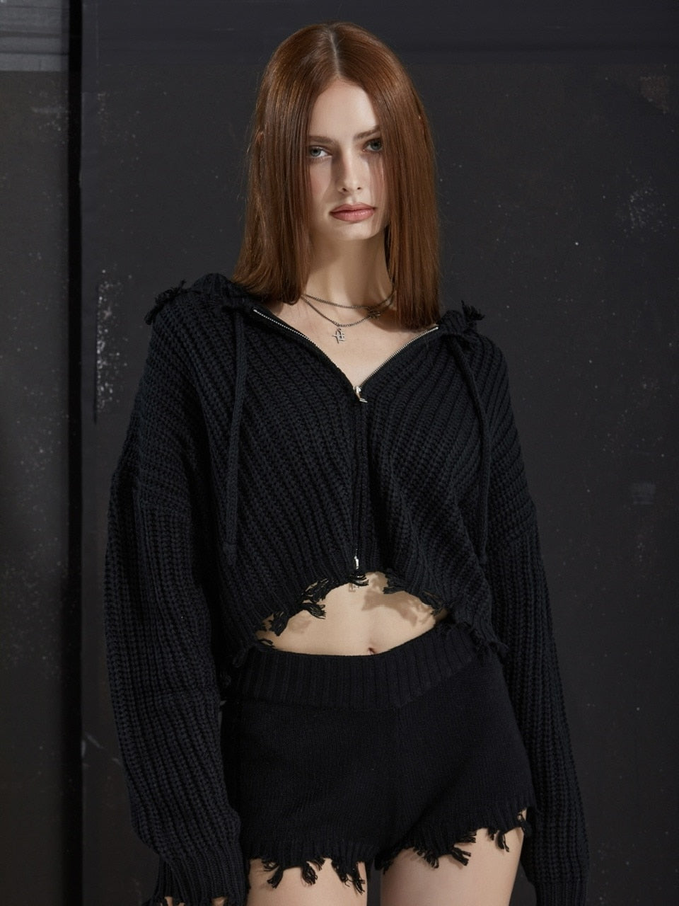 【GATELESS】RIB KNIT ZIP-UP HOODIE