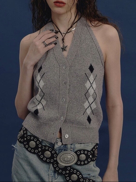 【NOT KNOWING】Argyle Linen Knit Halter Top / 【ノットノーイング】アーガイルリネンニットホルターベスト