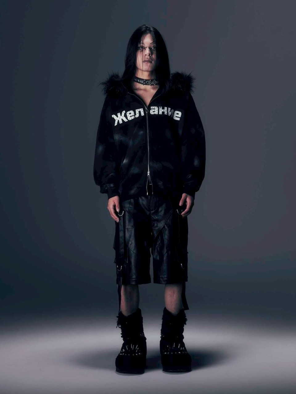 【DIG YOUR OWN GRAVE】Желание FUR HOODIE /【ディグユアオウングレイブ】ファーフードフードジェラーニエロゴジップアップパーカー