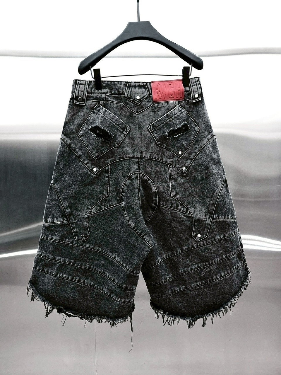 1/2 20:00再販【RICH】Knight Wide Waxed Short Pants/ 【リッチ】デザインデニムダメージハーフパンツ