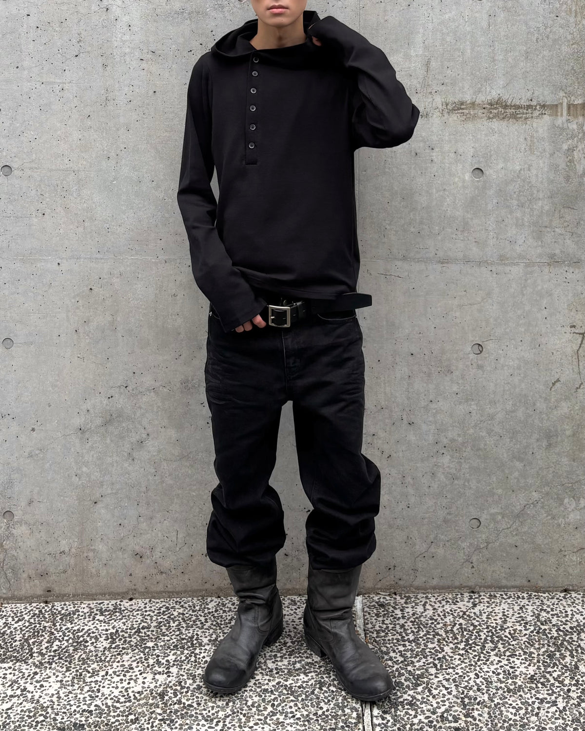 【Lee fi Ne】 Offset Hooded Henley Top