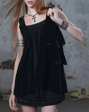 【Cest Nous】Black Tassel Layered Cake Slip Dress