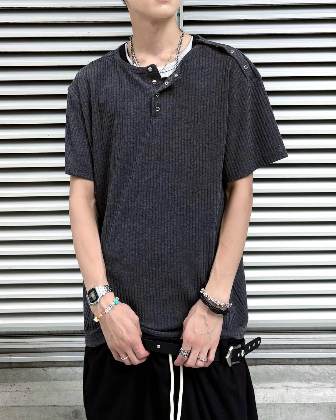 受注制【nmtc+】Shoulder Henley Eyelet Tee (3color)