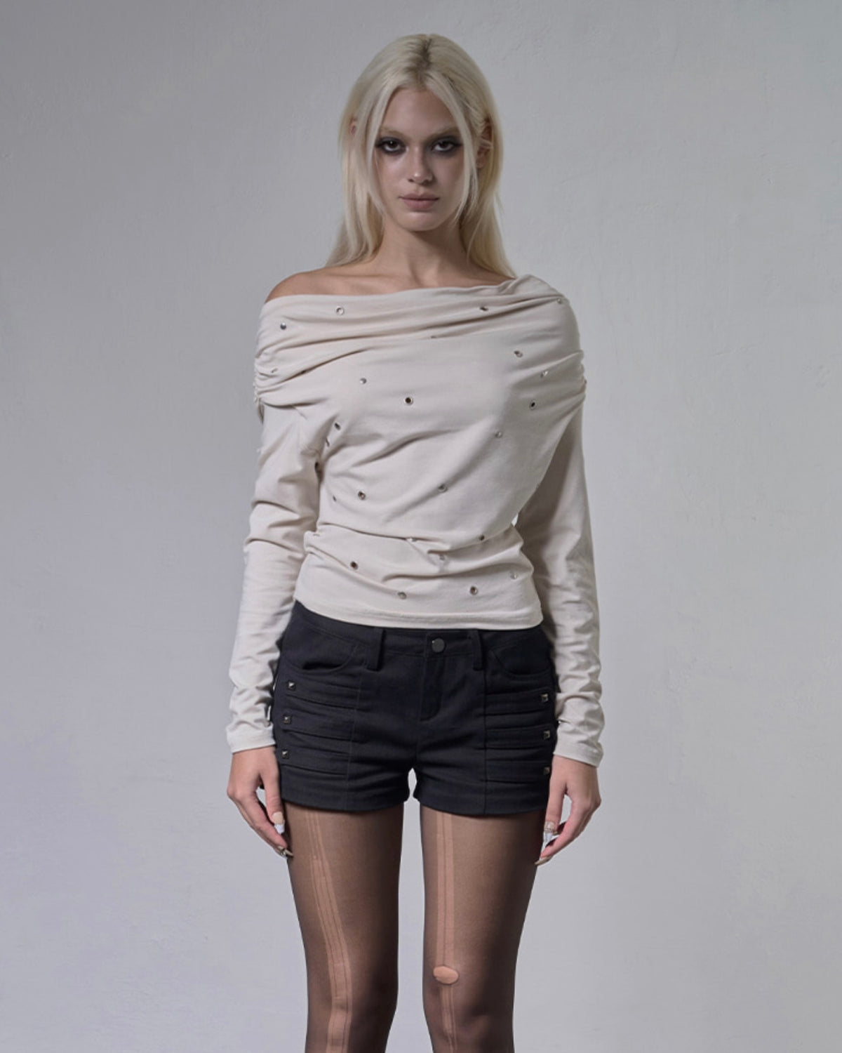 【FANCY CLUB】EYELET COWL ONE-SHOULDER TOP