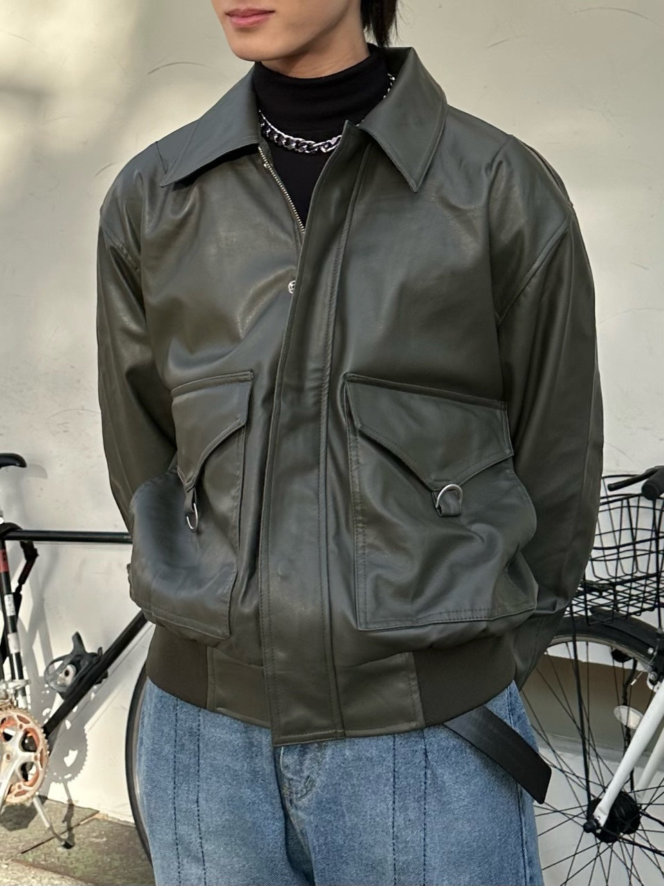 大阪店WEB限定【Chikashitsu +】double pocket leather jumper (3color)