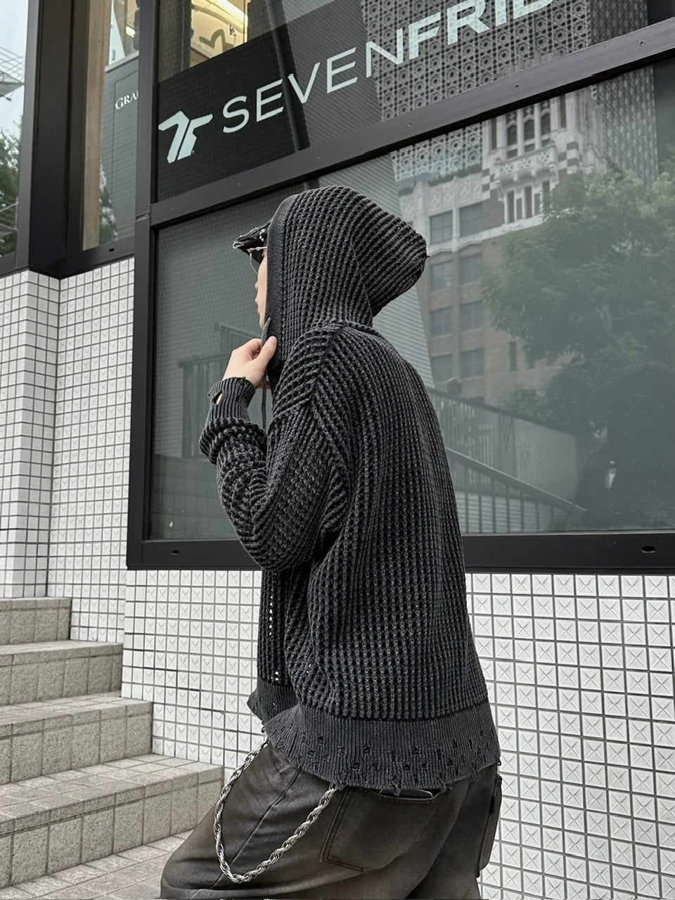 大阪店WEB限定受注制【Chikashitsu +】mesh zip damage hoodie (2color) / 【チカシツプラス】メッシュダメージジップアップ長袖パーカー