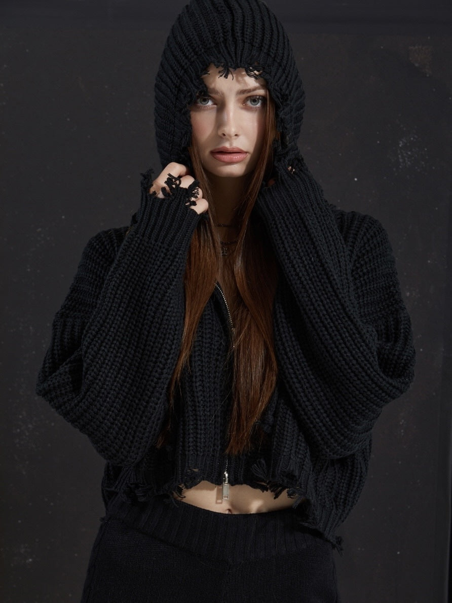 【GATELESS】RIB KNIT ZIP-UP HOODIE