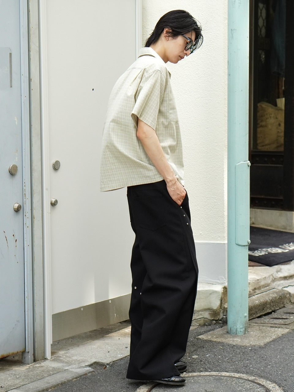東京店WEB限定受注制【Chikashitsu +】Open collar check shirt (2color)