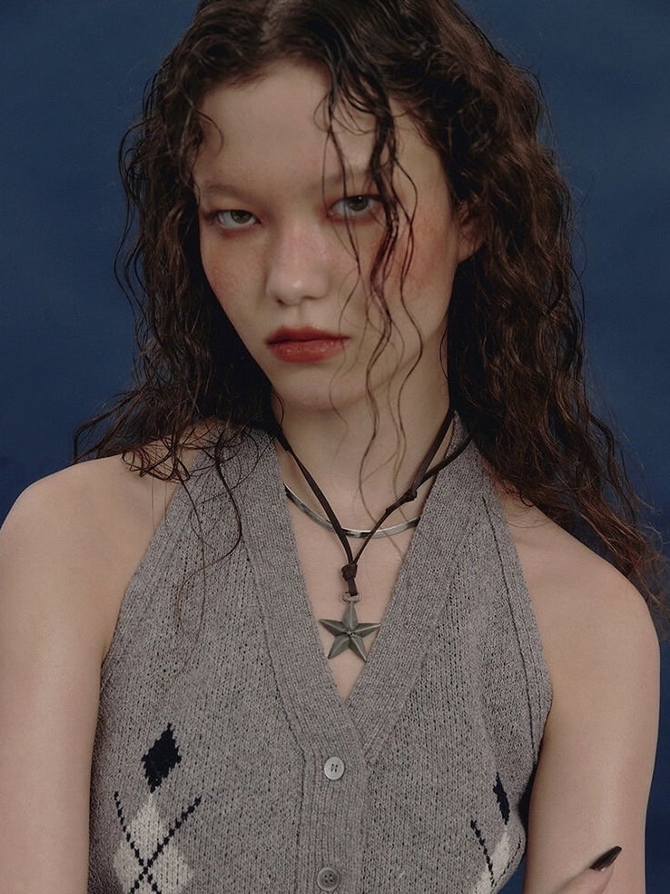 【NOT KNOWING】Argyle Linen Knit Halter Top / 【ノットノーイング】アーガイルリネンニットホルターベスト