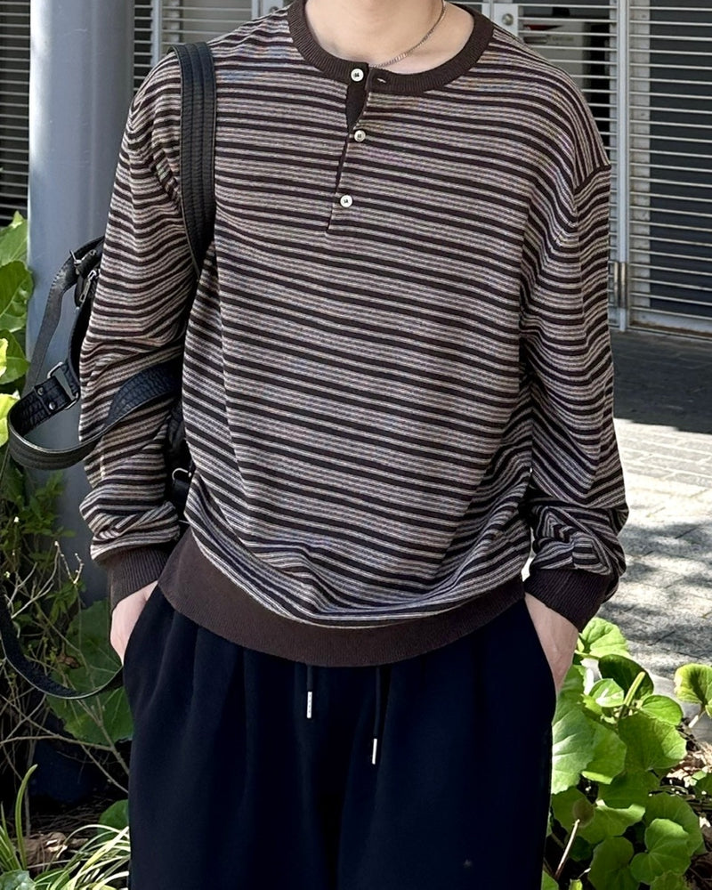 受注制【Chikashitsu +】cropped henry neck border knit / 【チカシツプラス】クロップドヘンリーネックボーダーニット (3color)