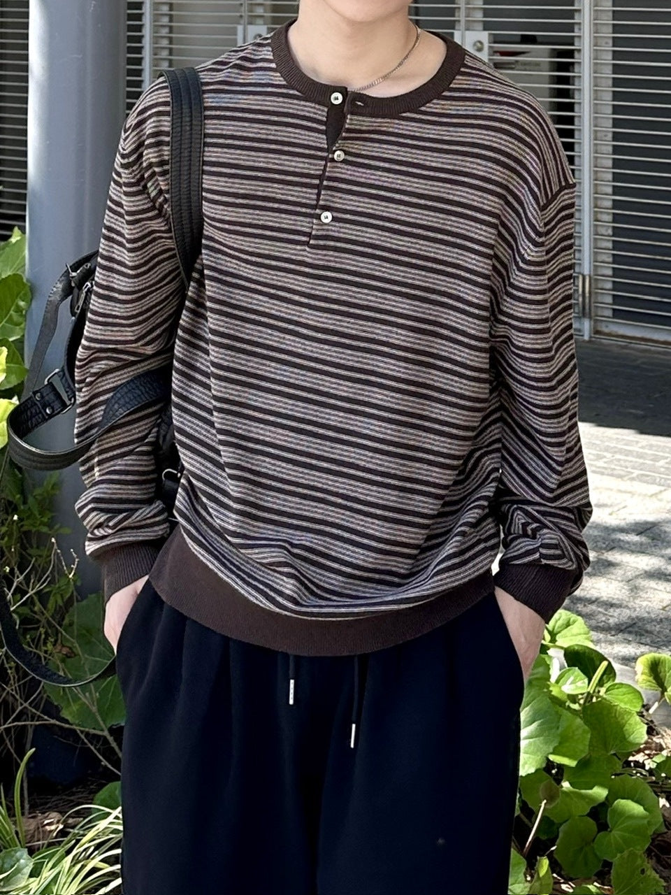 受注制【Chikashitsu +】cropped henry neck border knit / 【チカシツプラス】クロップドヘンリーネックボーダーニット (3color)