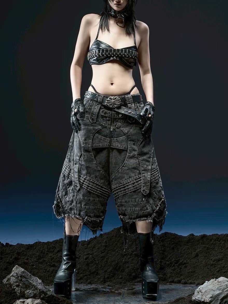 1/2 20:00再販【RICH】Knight Wide Waxed Short Pants/ 【リッチ】デザインデニムダメージハーフパンツ