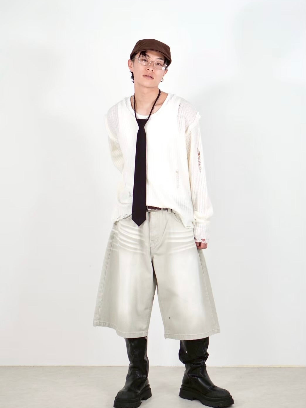 【Chikashitsu +】damage reverse v neck knit (3color)