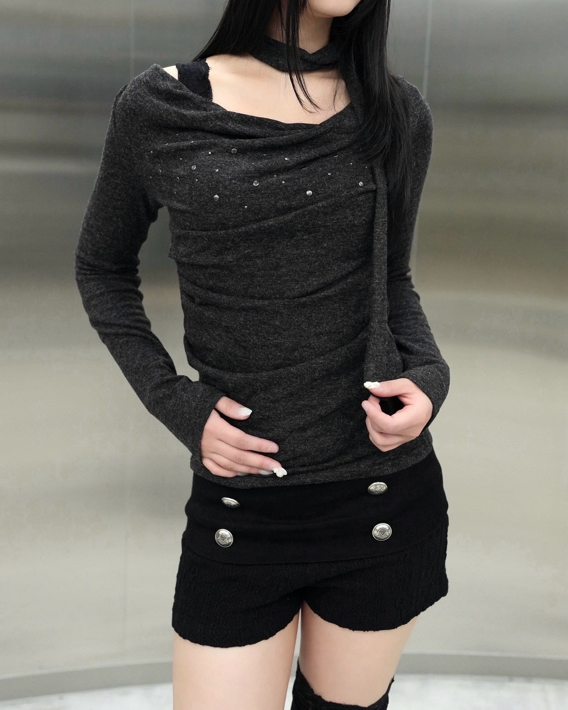 受注制【Never mind the XU】Draped ruched tie set top (4color)