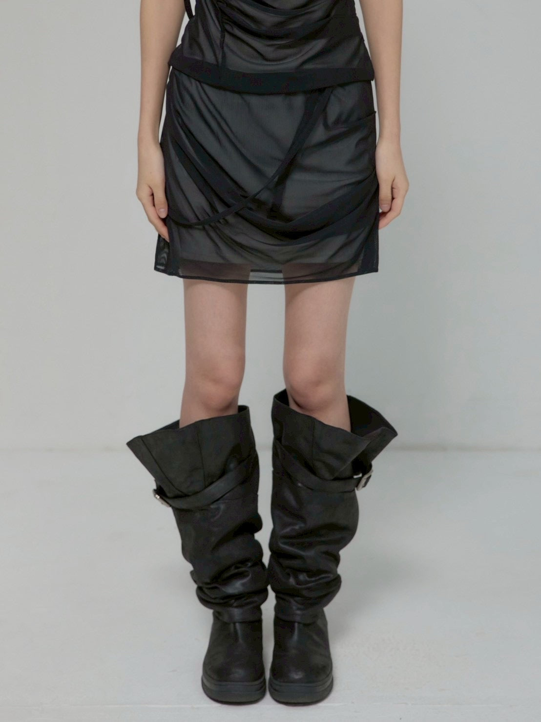 6/22 21:00発売【FLAREUP】Draped Mesh Layered Mini Skirt