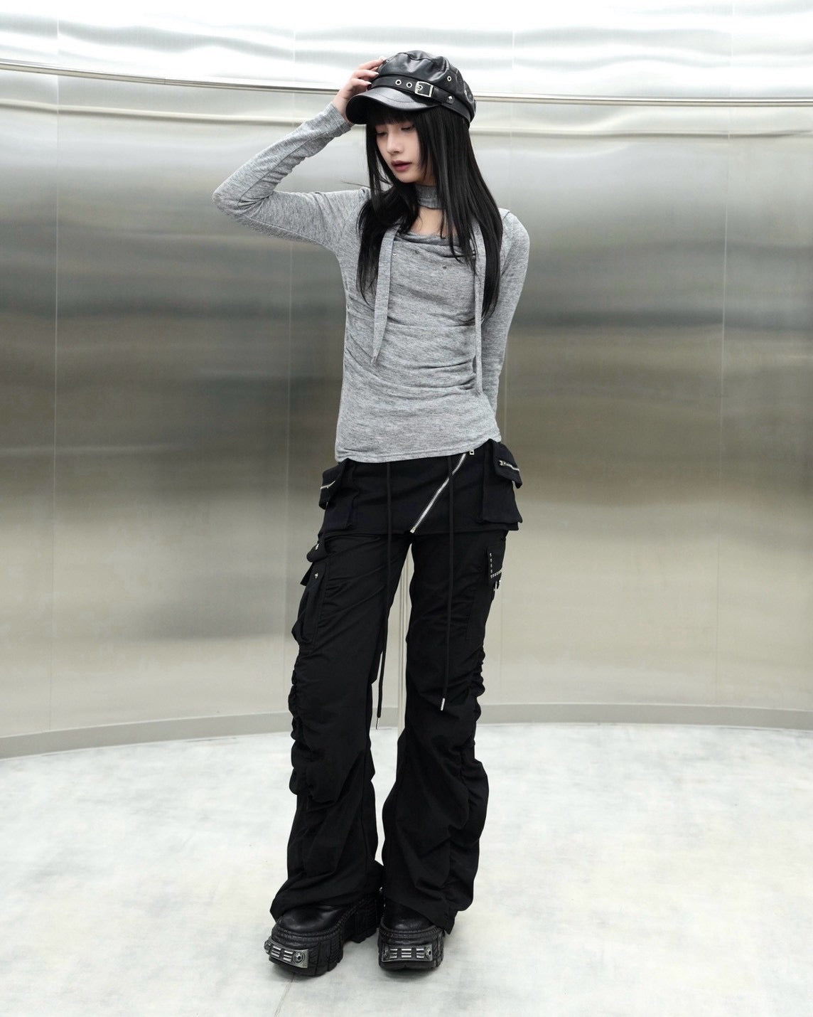受注制【Never mind the XU】Draped ruched tie set top (4color)