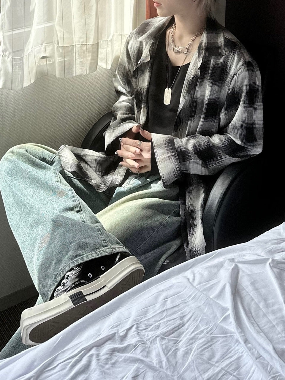 大阪店WEB限定受注制【Chikashitsu +】over fit shadow check shirt (3color)