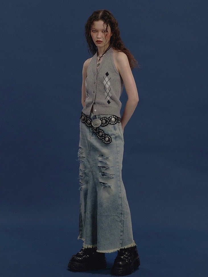 【NOT KNOWING】Argyle Linen Knit Halter Top / 【ノットノーイング】アーガイルリネンニットホルターベスト