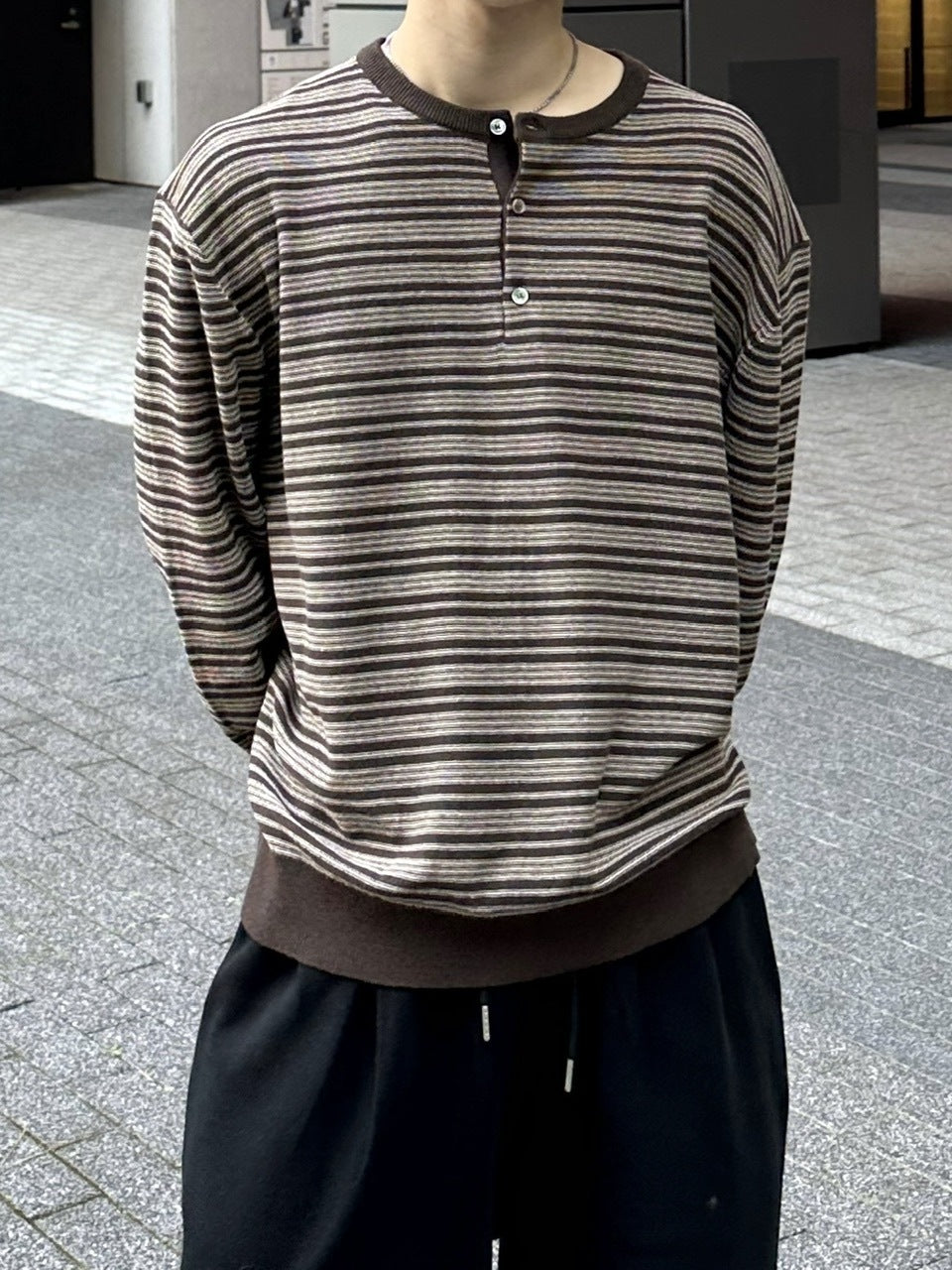 受注制【Chikashitsu +】cropped henry neck border knit / 【チカシツプラス】クロップドヘンリーネックボーダーニット (3color)