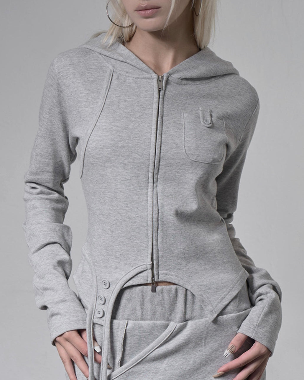 【FANCY CLUB】OVERLAY CROP HOODED ZIP-UP
