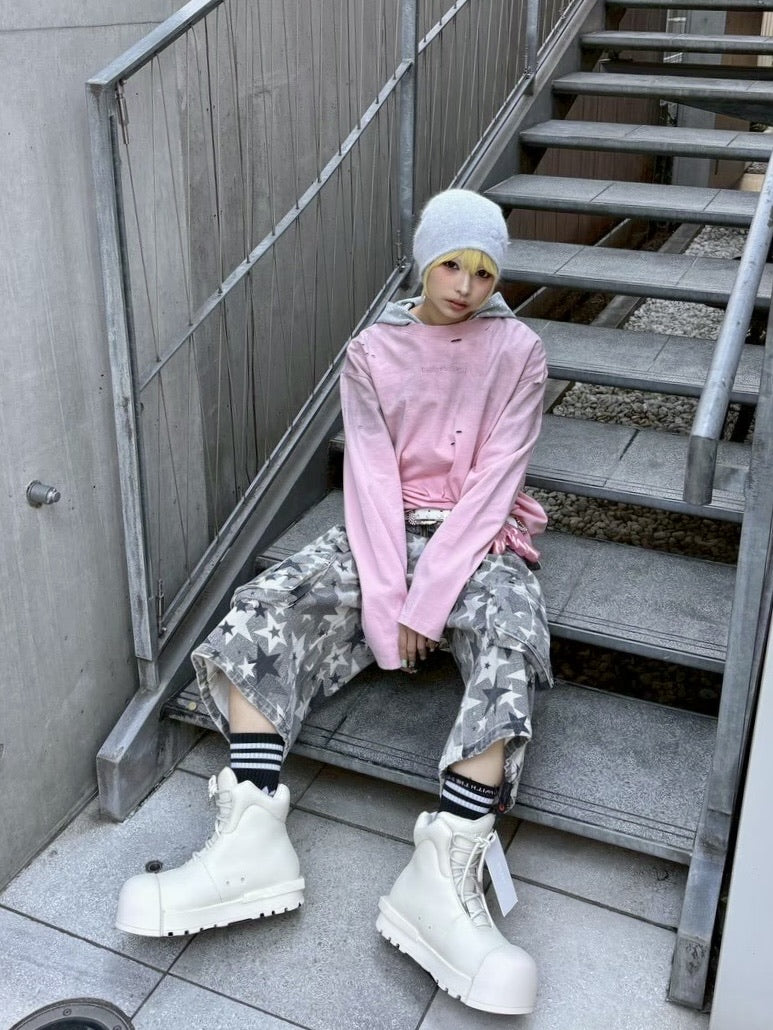 国際配送【Never mind the XU】damage washed long sleeve (3color