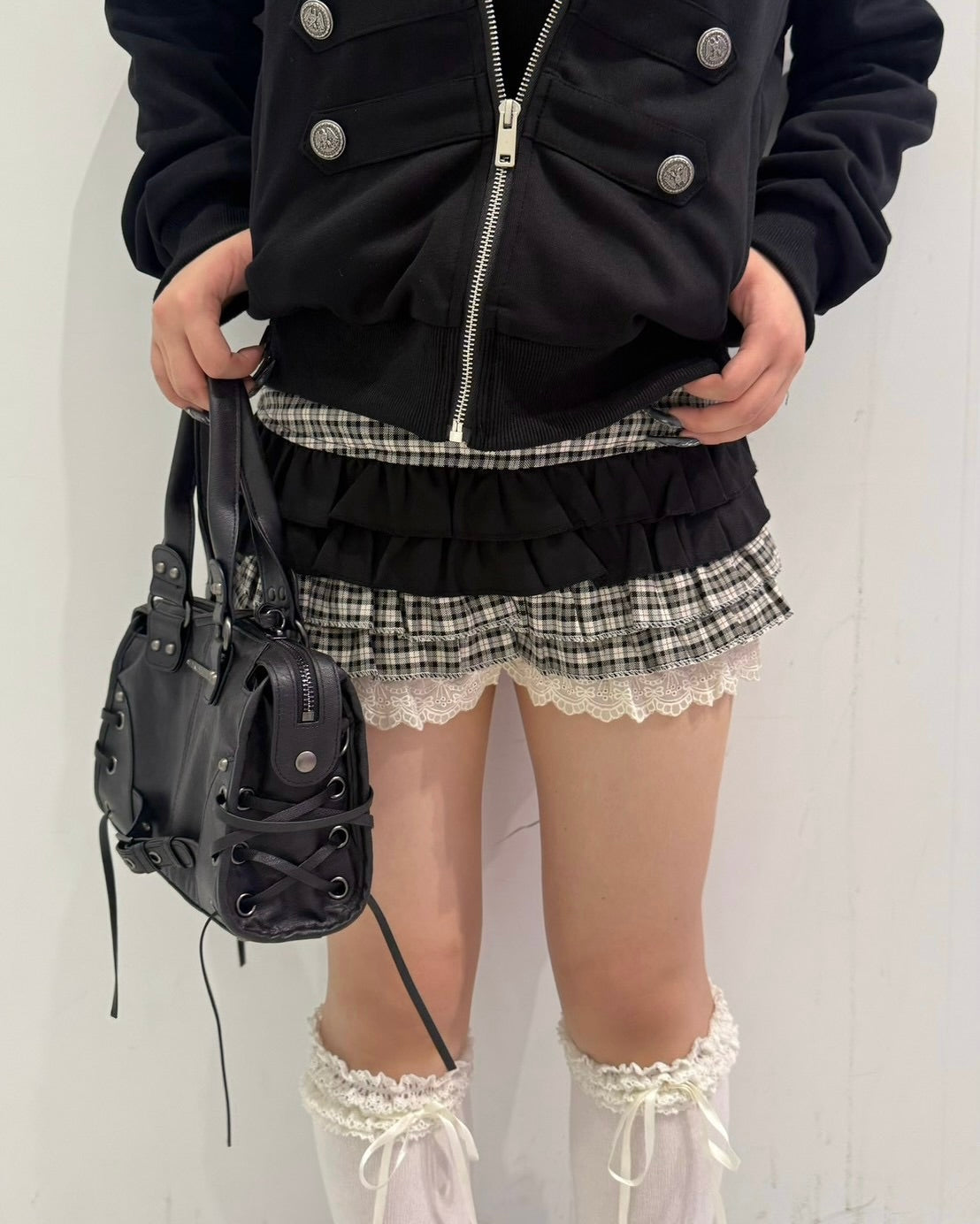 大阪店 WEB限定 受注制【Never mind the XU】Doll Check Layered Skirt