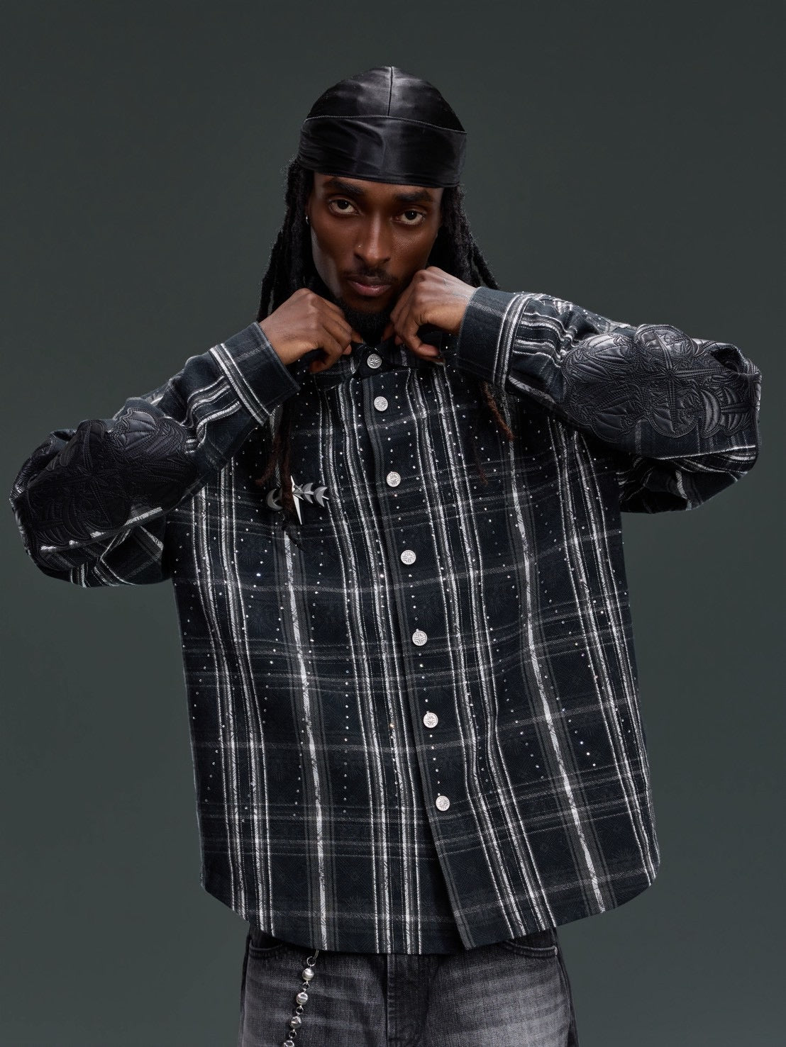 【The Boy Has No Patience】STARRY PATTERN RHINESTONE LEATHER SHIRT