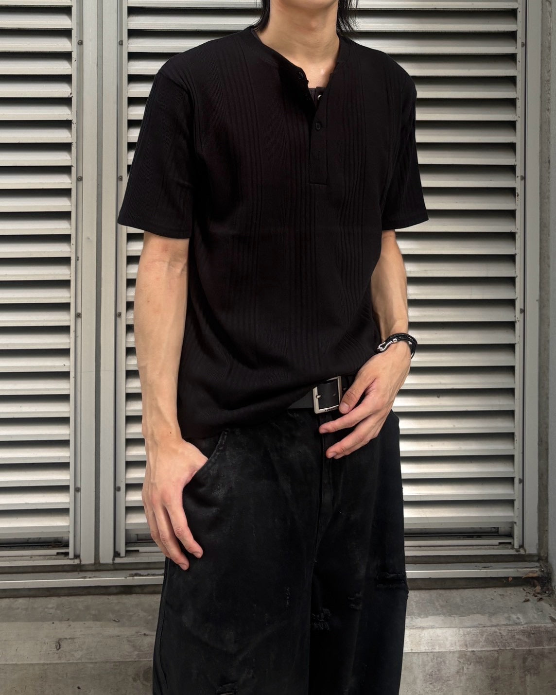 受注制【nmtc+】Ribbed Henley Neck Tee (3color)