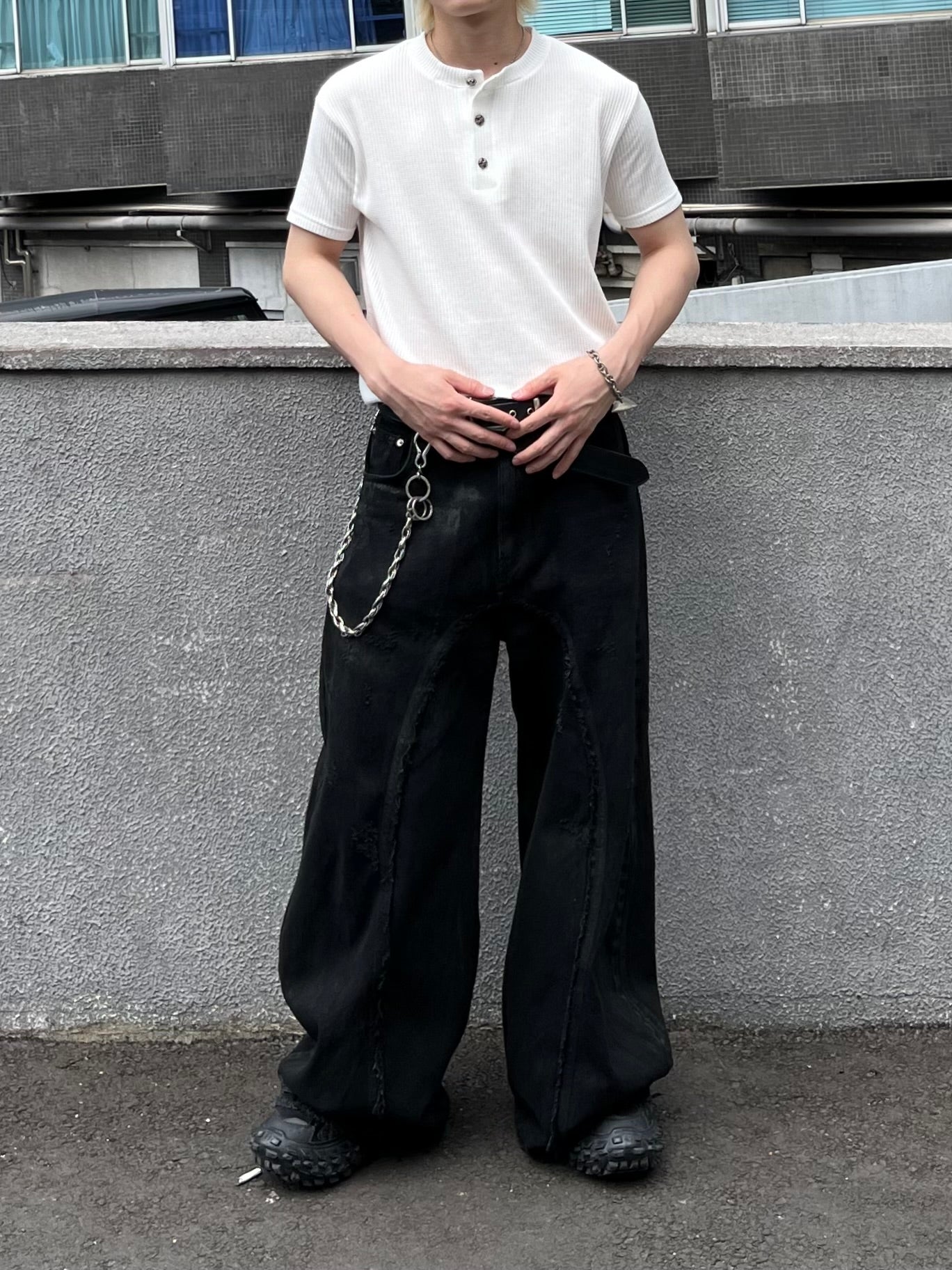大阪店WEB限定受注制【Chikashitsu + 】button point henley neck t-shirt (3color)
