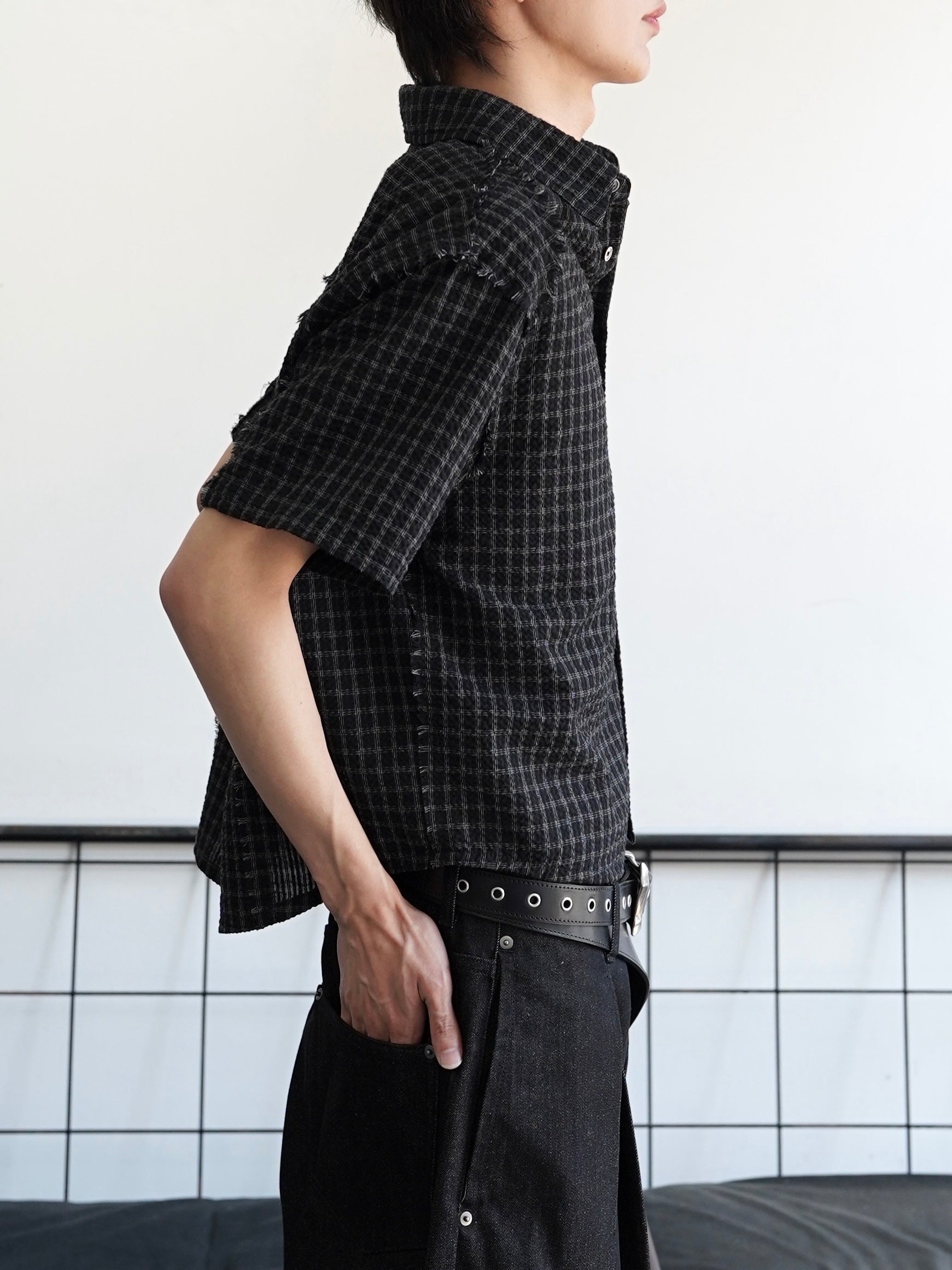 5/23 20:00発売【CHIKASHITSU PLUS HIGH】Raw edge seersucker check shirt