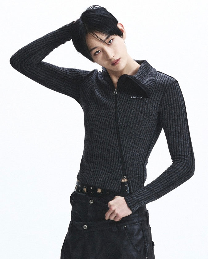 【LECYTO】Diagonal Rib Knit Zip-Up