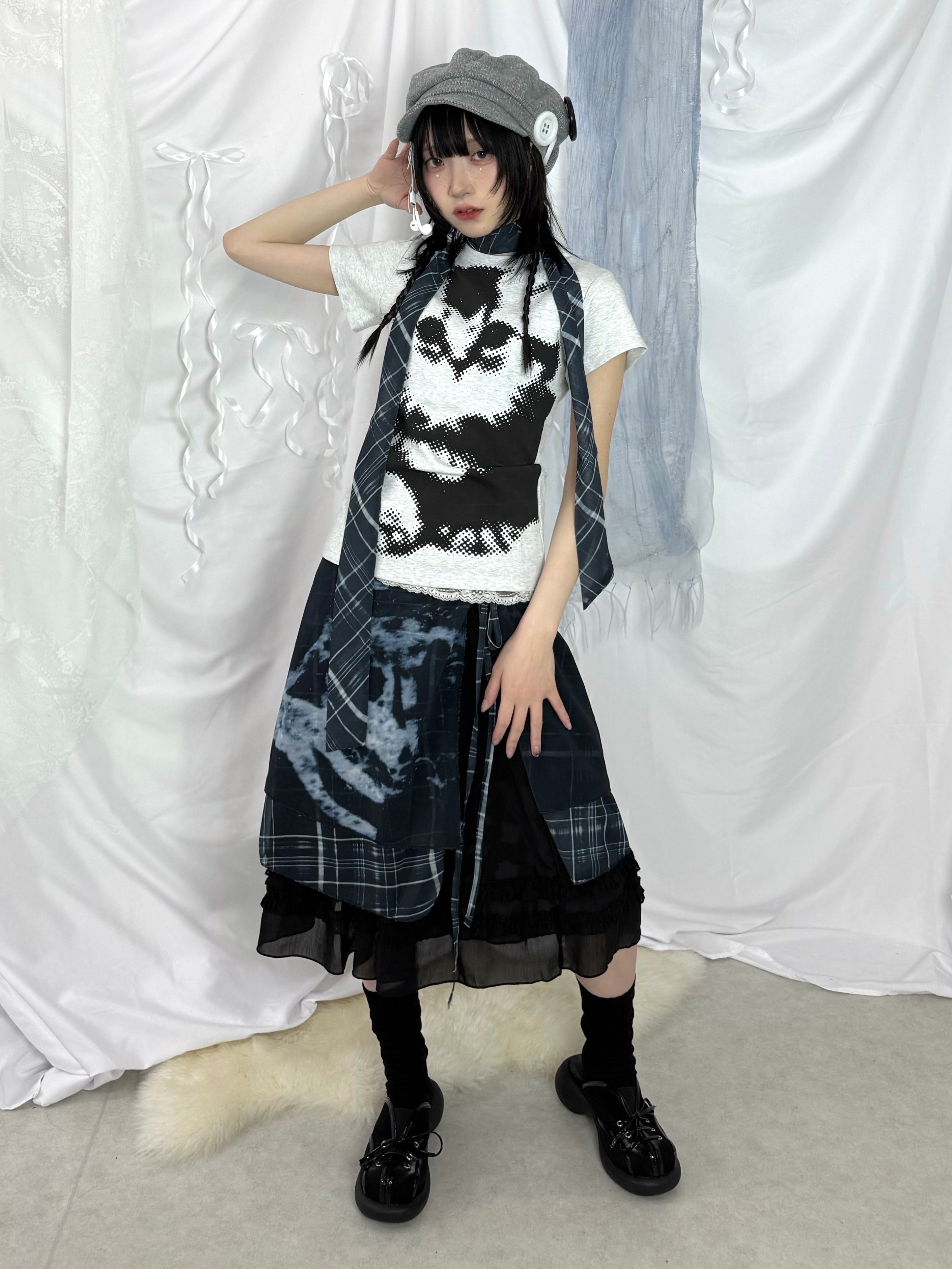 5/29 20:00発売 国際配送【Nerd out XU】see-through midium frill banding skirt (3color)