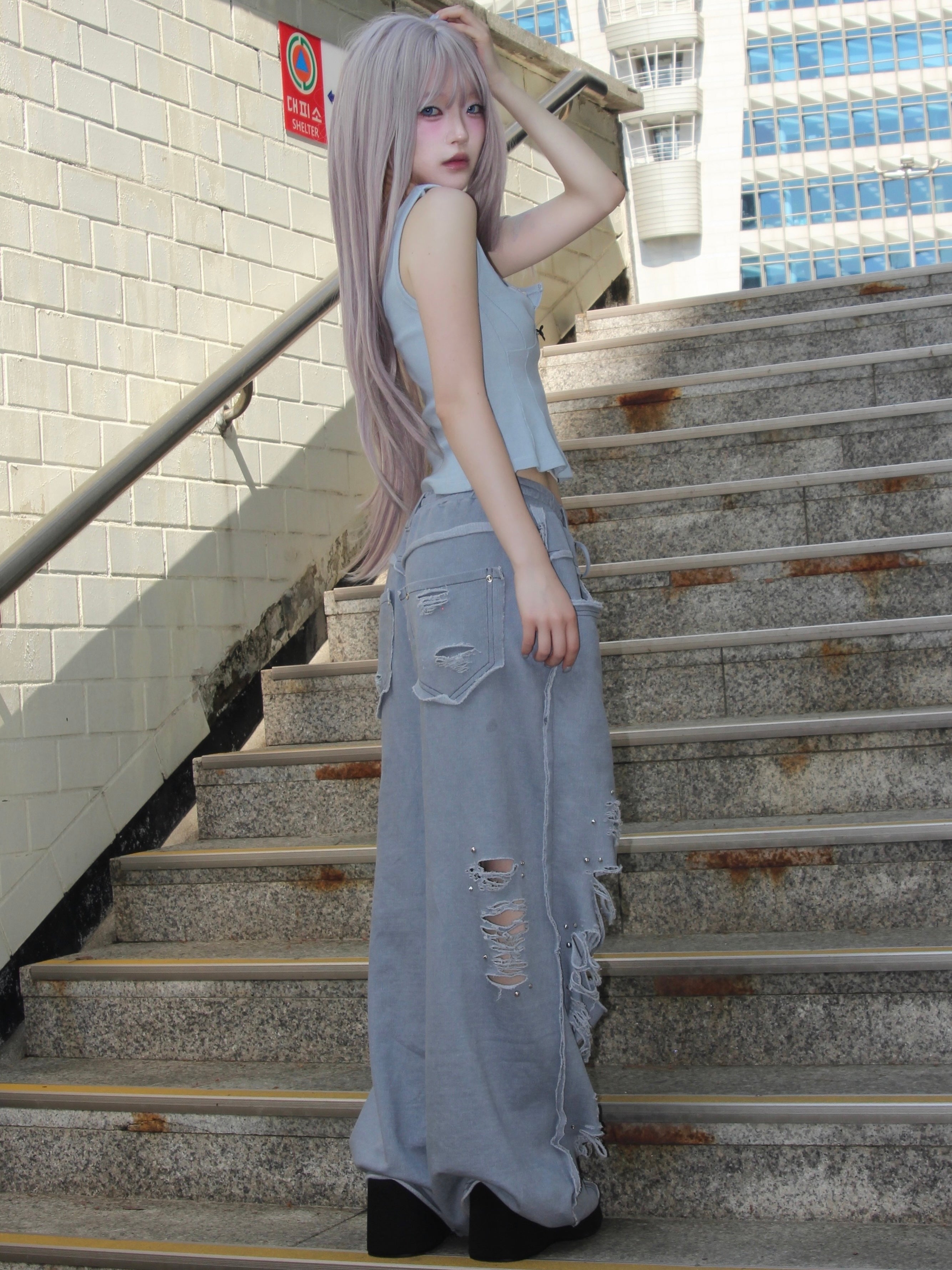 【CHERRYQUIRI】damage stud jogger pt