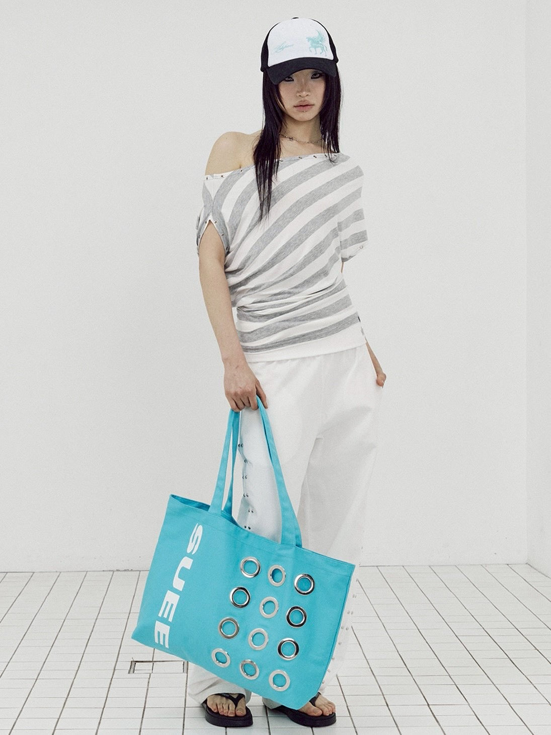 【SETUP-EXE】STRIPE EYELET DRAPE TOP