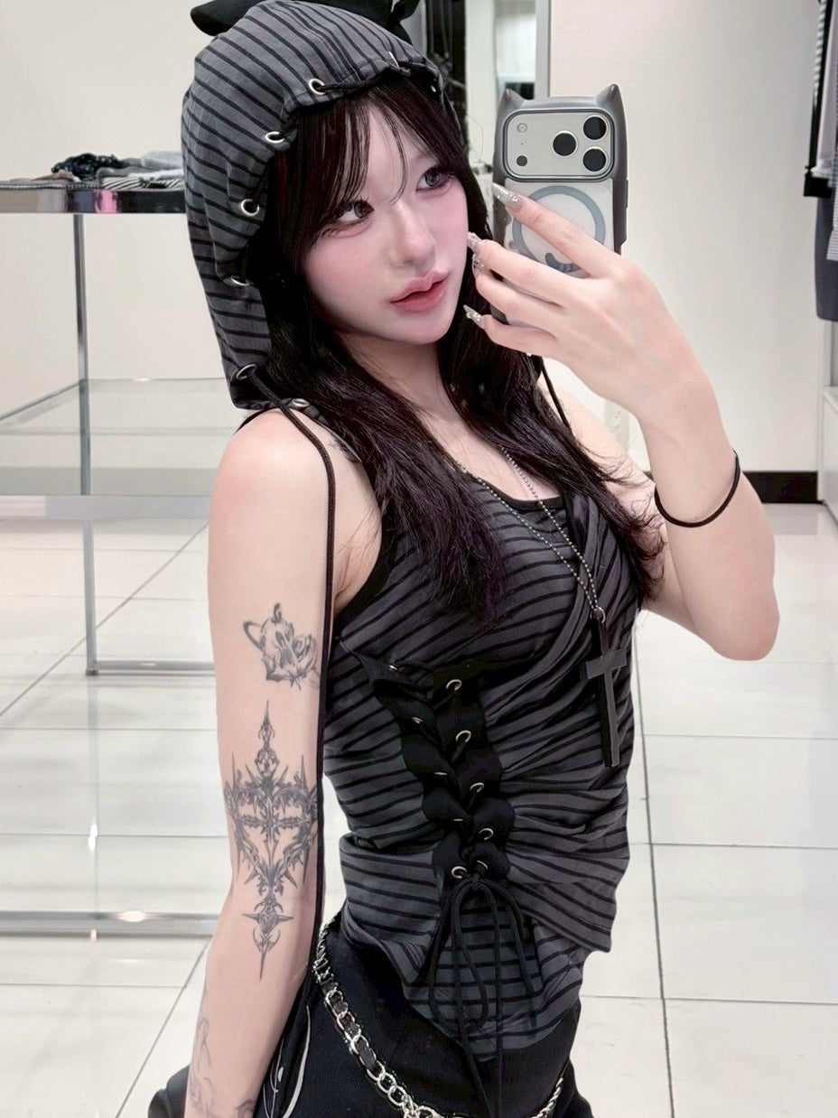 6/6 20:00発売 別注【NOT KNOWING】Eyelet Lace Up CAMI Hoodie