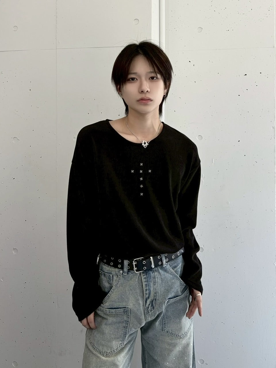 受注制【LUV CODE】cross rivet long sleeve tee (3color)