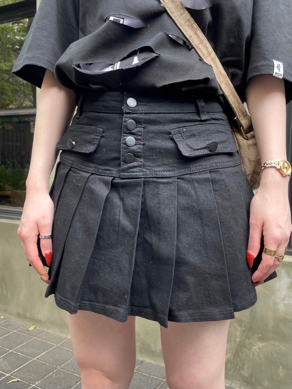 受注制【Never mind the XU】button pleats denim skirt (2color)