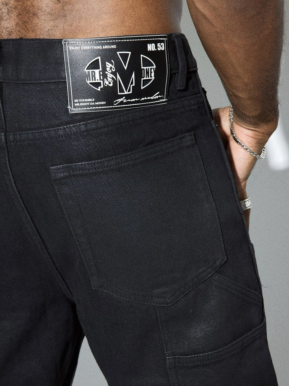 【MR. ENJOY DA MONEY】FLAME METAL LABEL DENIM SUIT PANTS