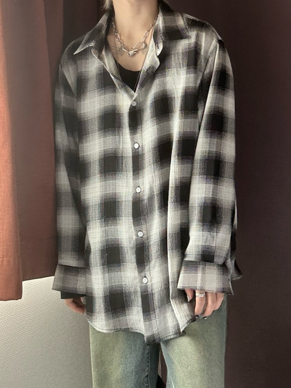 大阪店WEB限定受注制【Chikashitsu +】over fit shadow check shirt (3color)