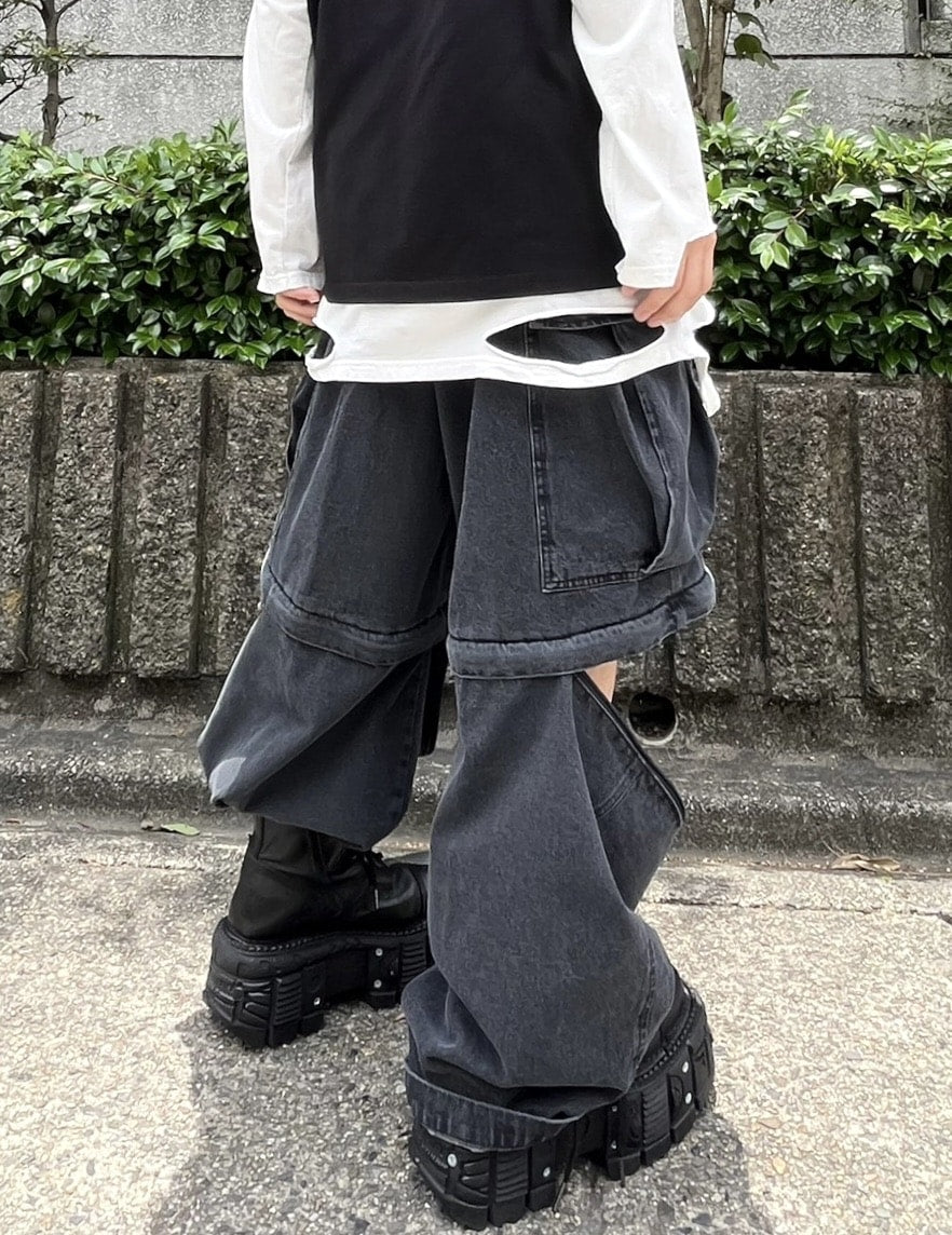 受注制【Never mind the XU】2way denim wide cargo pants (2color)