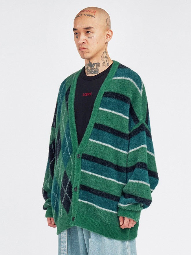 【AJOBYAJO】Argyle Stripe Mixed Cardigan / 【アジョバイアジョ】アーガイルストライプボーダーミックス長袖カーディガン