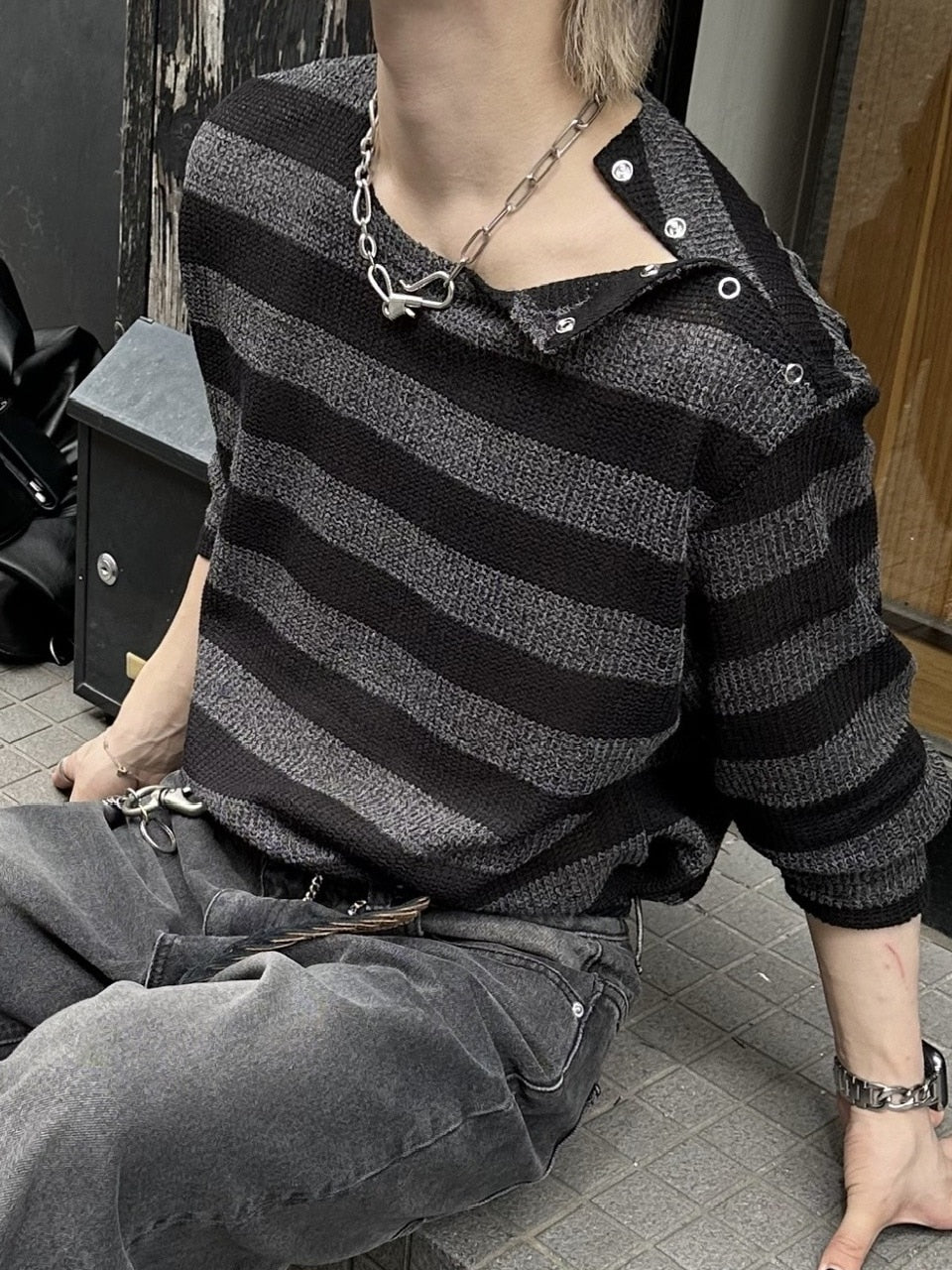 大阪店WEB限定受注制【Chikashitsu +】shoulder snap border knit (2color)