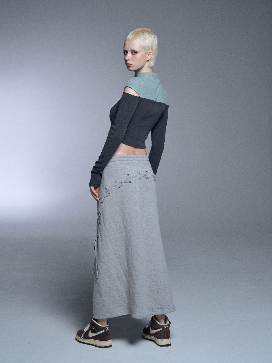 【SETUP‐EXE】TWO-TONE SLEEVE SLIT CROP TOP