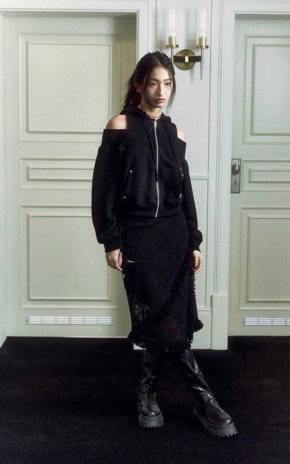 【NOT KNOWING】Open Shoulder Zip Up Hoodie / 【ノットノーイング】オープンショルダージップアップパーカー