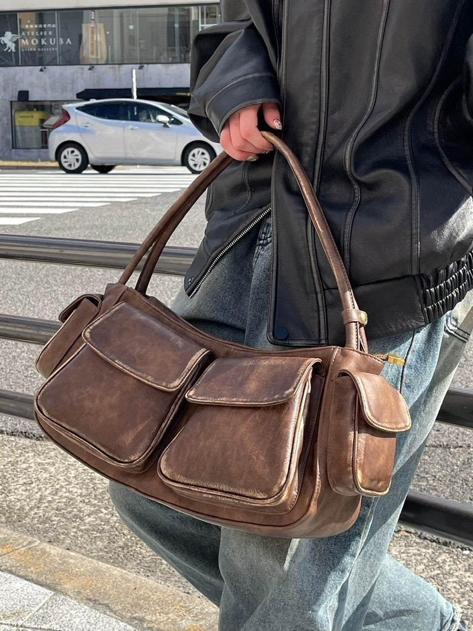 【Chikashitsu +】vintage leather hand bag (2color)