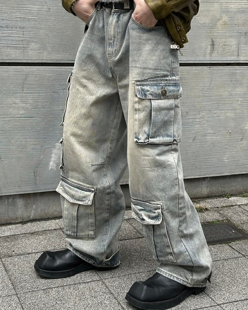 受注制【Chikashitsu +】vintage wash cargo denim pants (2color)